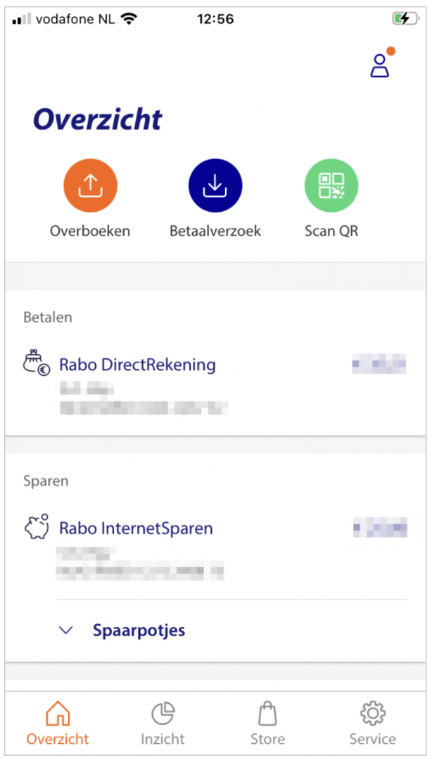 The overview screen of the Rabobank app.