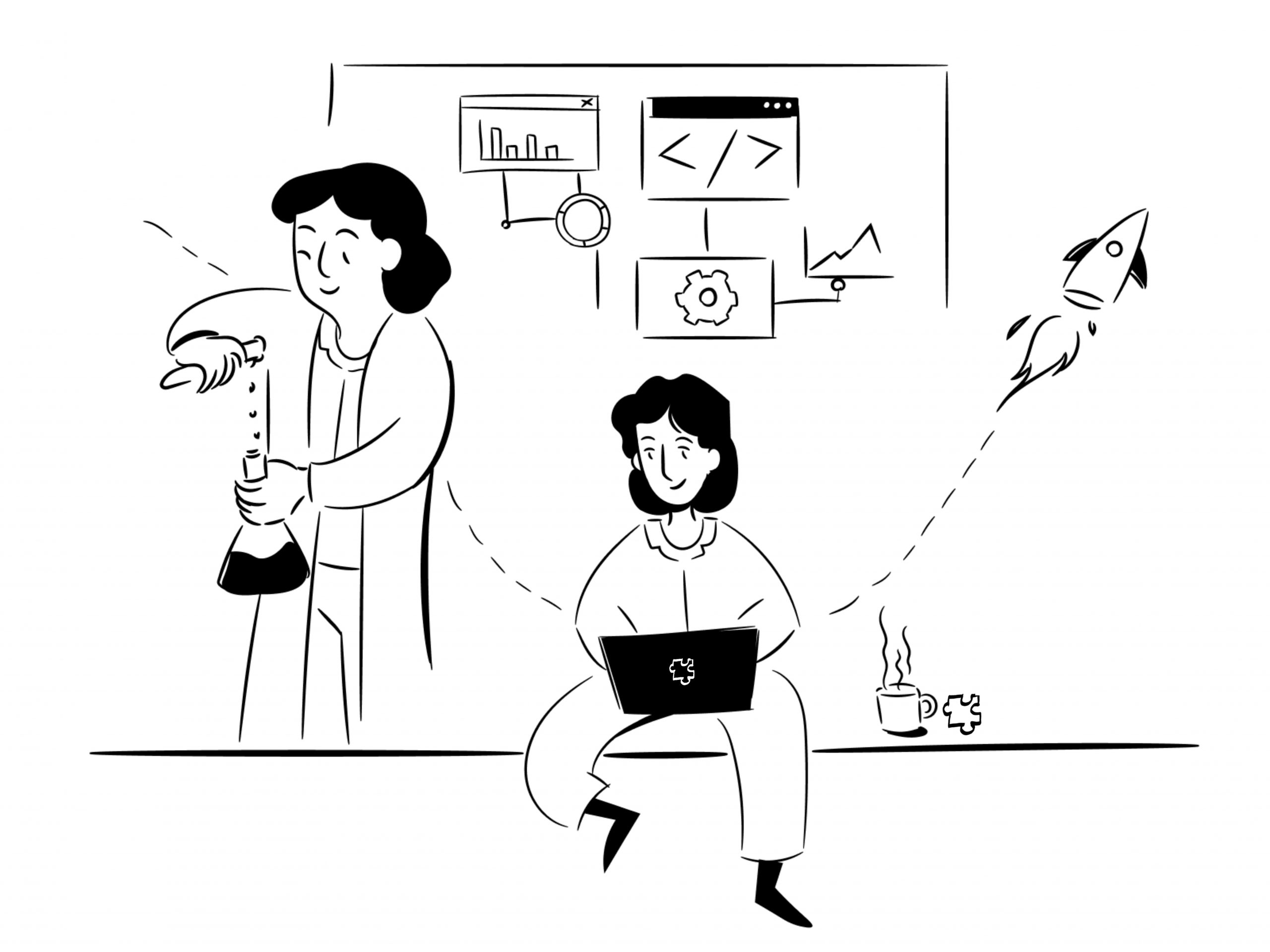 This illustration shows how to test new business ideas and shows a woman experimenting in a lab and on a computer, which leads to innovation.
