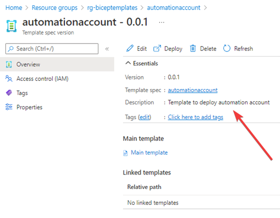 Snapshot showing an automation account template specification in Azure Portal.