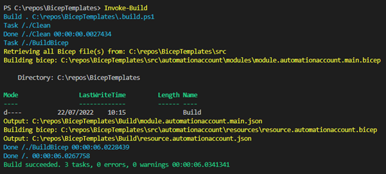 Image showing a snapshot of building Azure Bicep files with Invoke-Build cmdlet. 
