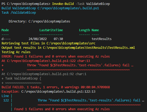 Screenshot showing how you can run Inovke-Build cmdlet to validate rules in Bicep.
