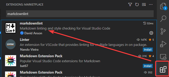 Image showing Markdownlint extension installed in VS Code