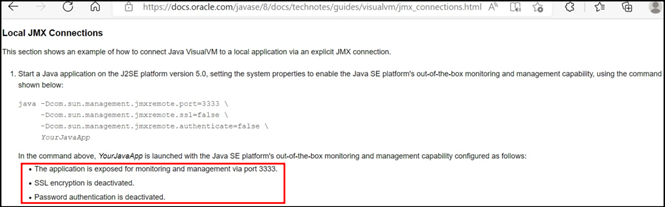 Screenshot showing another Insecure JMX setup in Java documentation
