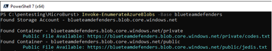 Output result from Invoke-EnumerateAzureBlobs to find public blob containers
